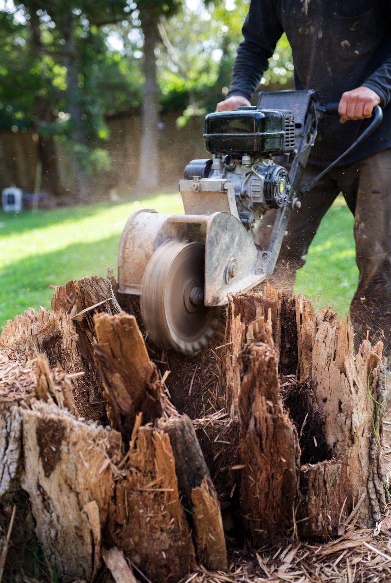 Tree stump in a residential yard before grinding